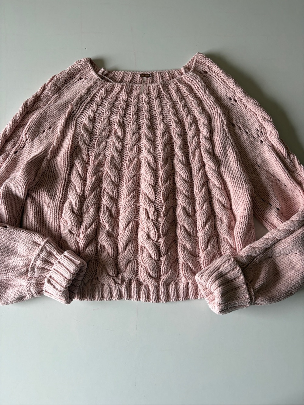 Free People Pink Cable Knit Crew Neck Long Sleeve Pullover Sweater Womens Medium